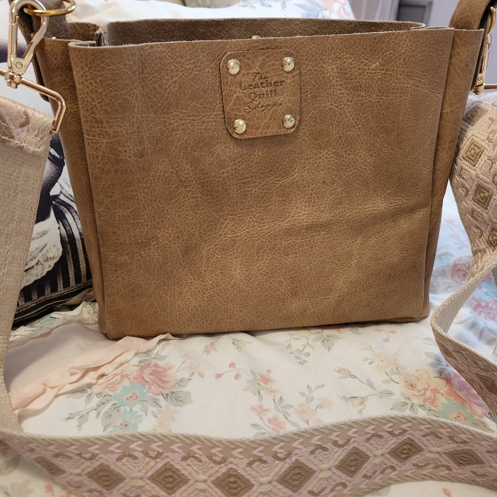 The Leather Quill small leather tote with adjustable / removable woven strap